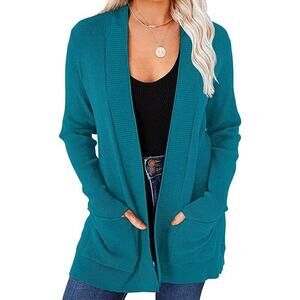Merokeety Open Waffle-Knit Cardigan Front Pockets Teal Size M